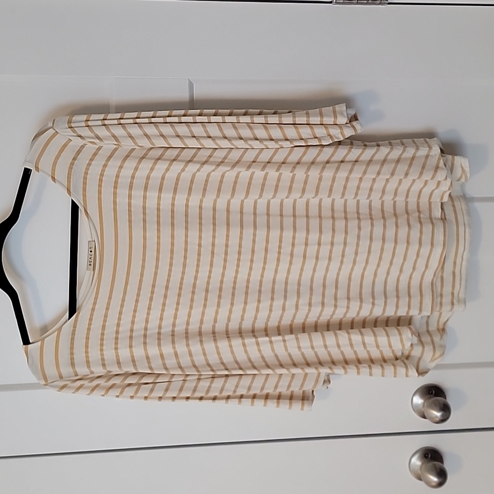 Beacon Gold & Cream Striped Tunic Top, 3/4 sleeve, size 2X